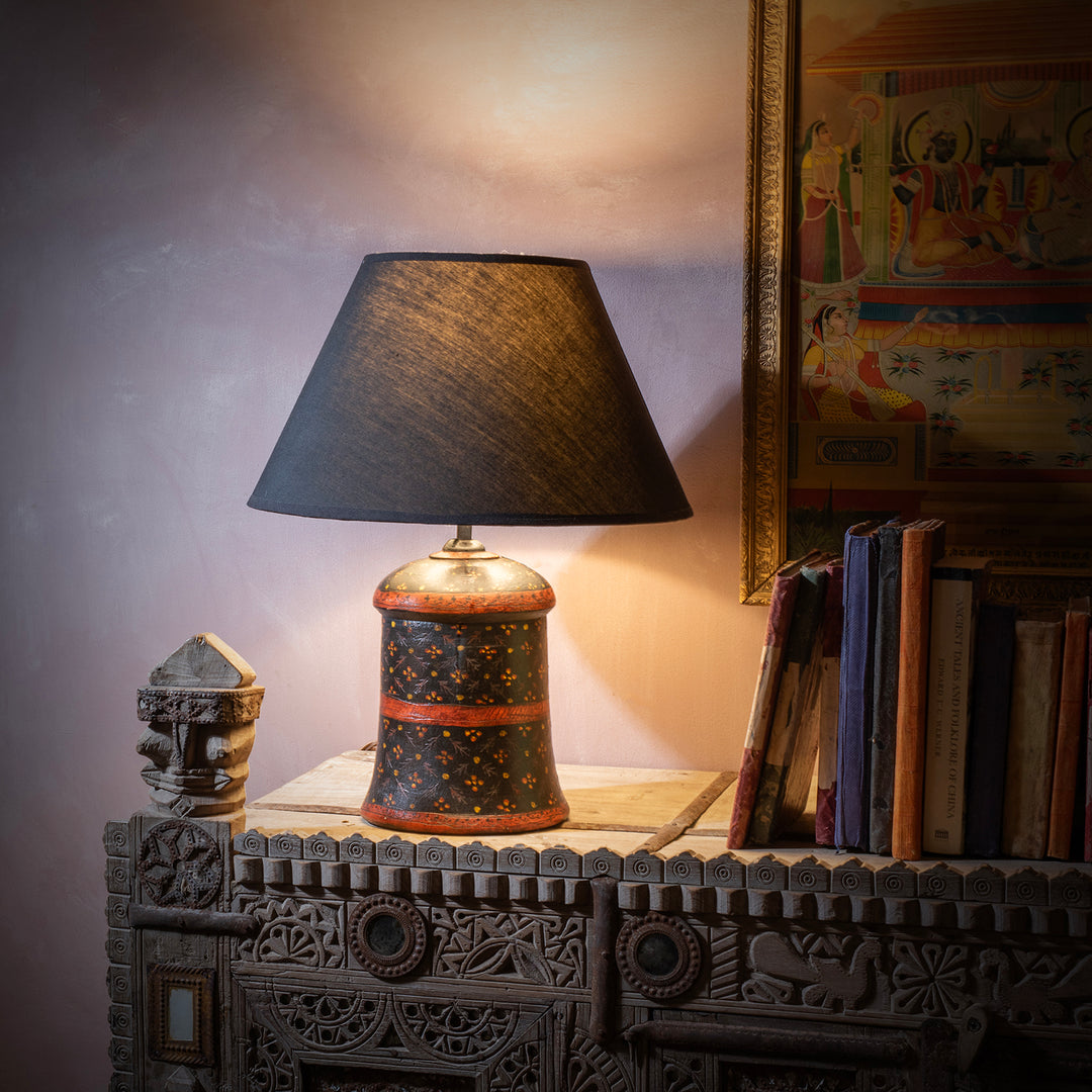 Indian Barmer Style Hand Painted Wooden Table Lamp With Floral Pattern And Dark Finish | Indigo Antiques