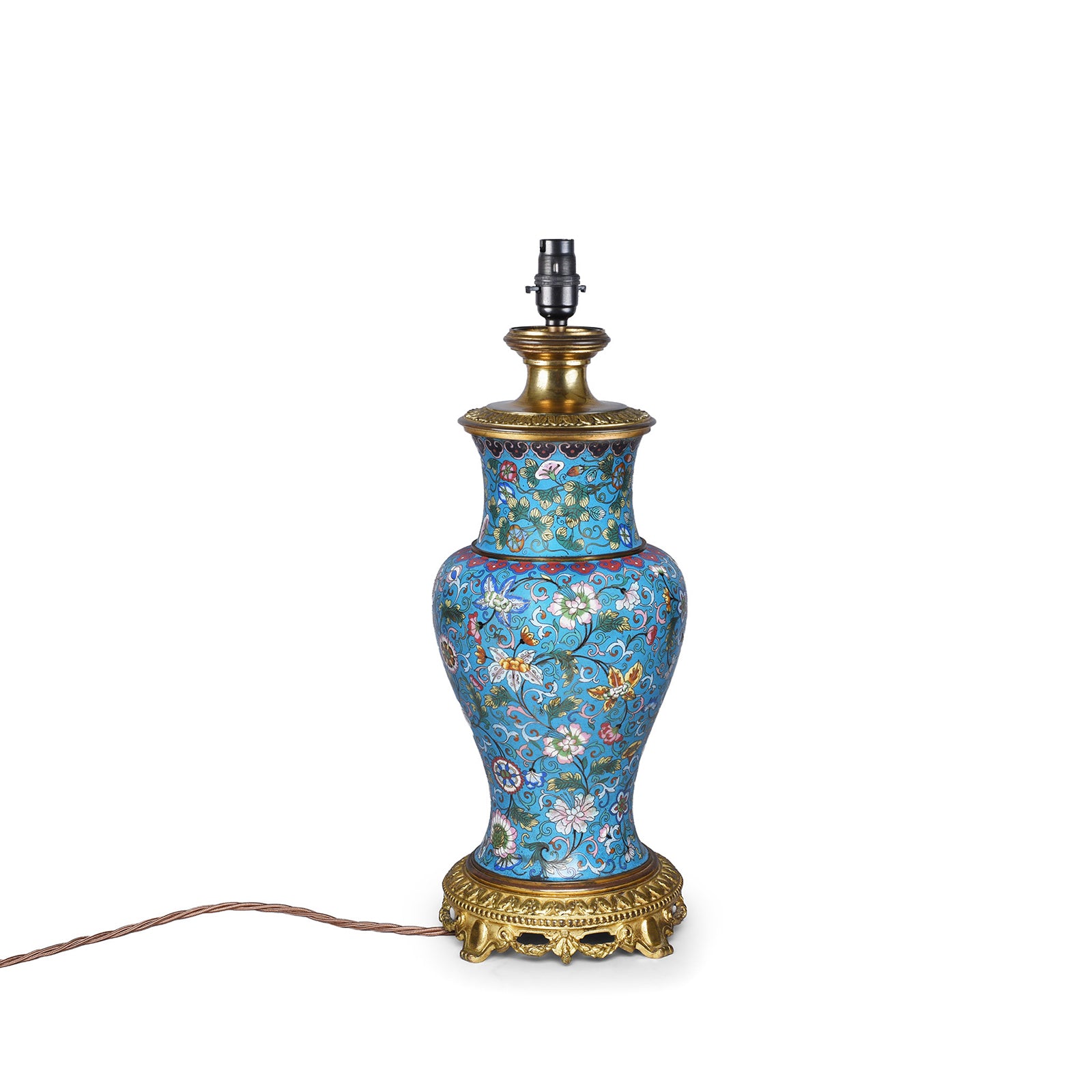 Large Chinese Cloisonné Vase Table Lamp With Floral Enamel Decoration And Gilt Base