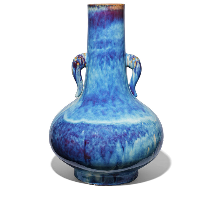 Large handcrafted blue yaobian flambé porcelain elephant ear vase from Jingdezhen with kiln-transmuted glaze and elephant-head handles | Indigo Antiques