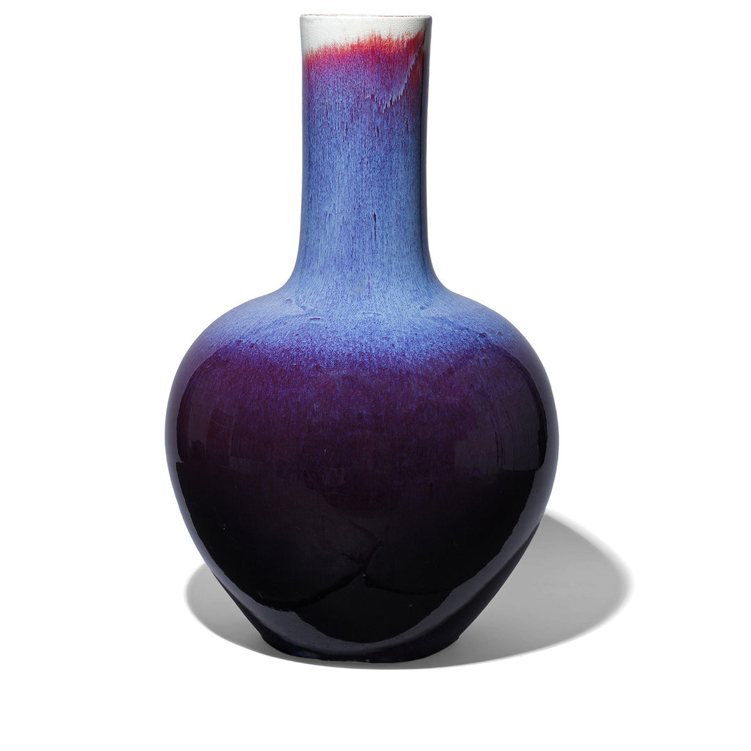 Large handcrafted purple yaobian flambé porcelain bottle vase from Jingdezhen with kiln-transmuted glaze in deep violet, lavender and crimson tones | Indigo Antiques