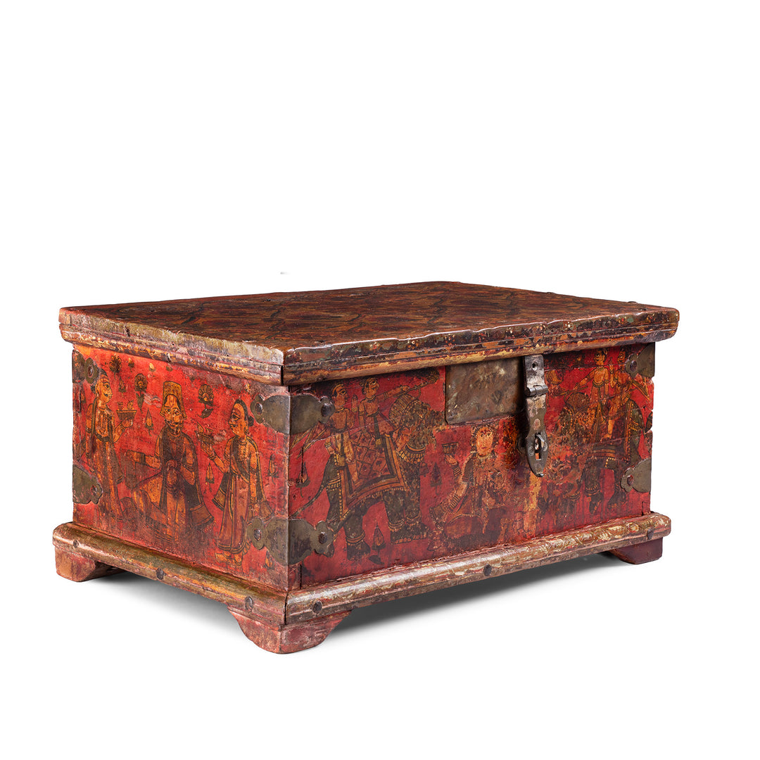 Late 18th Century Painted Indian Cash Box From Phalodi With Elephants Floral Motifs And Original Iron Hardware | Indigo Antiques