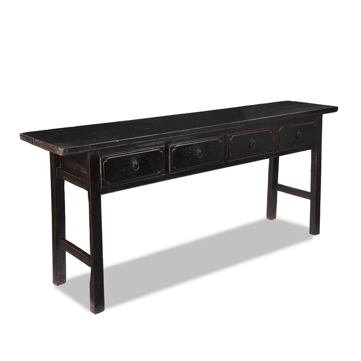 Late 19th Century Black Lacquer Elm Console Table From Shanxi With Four Drawers