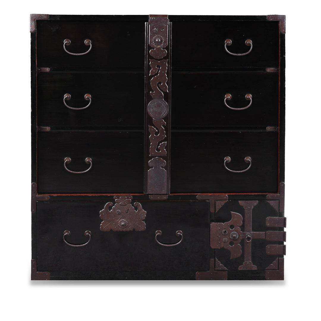 Late Meiji Period Japanese Shōnai Bo-Dansu Kiri Wood Merchant's Chest With Black Lacquer Finish Hand Forged Iron Fittings Hidden Drawers And Original Locking Bar | Indigo Antiques