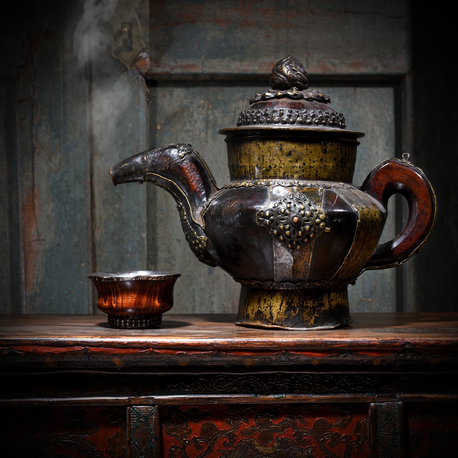 Antique Yak Leather & Brass Tibetan Teapot | Indigo Antiques
