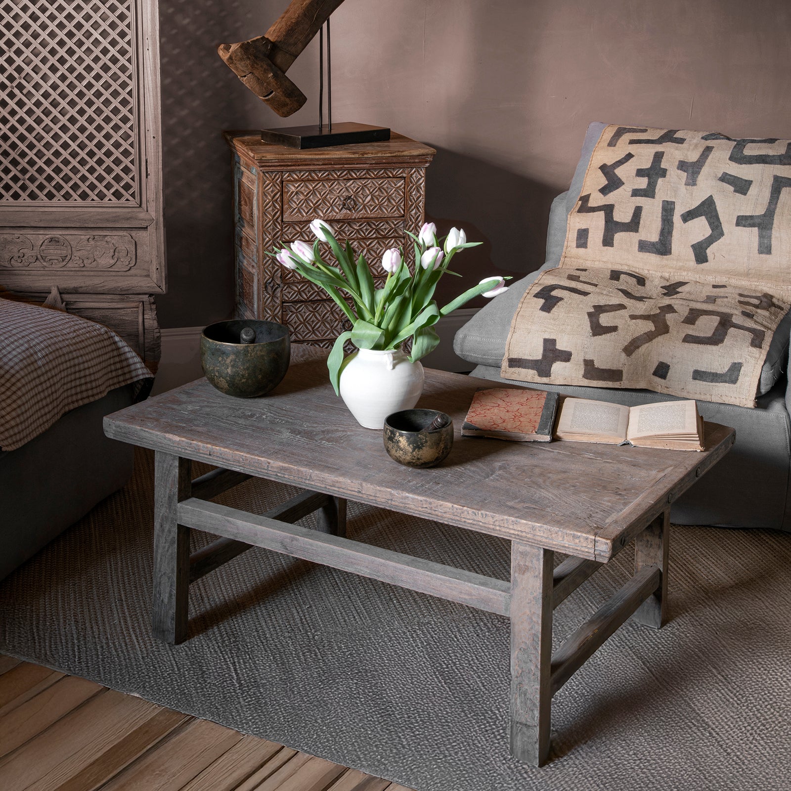 Rustic Sun-bleached Elm Farmhouse Coffee Table | Indigo Antiques