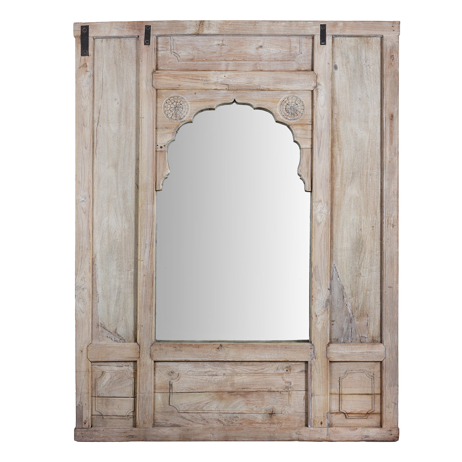 Limed Teak Mirror With Mughal Arch And Floral Carvings From Hyderabad South India