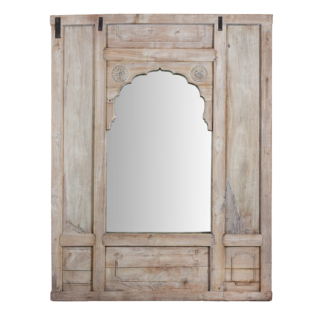 Limed Teak Mirror With Mughal Arch And Floral Carvings From Hyderabad South India