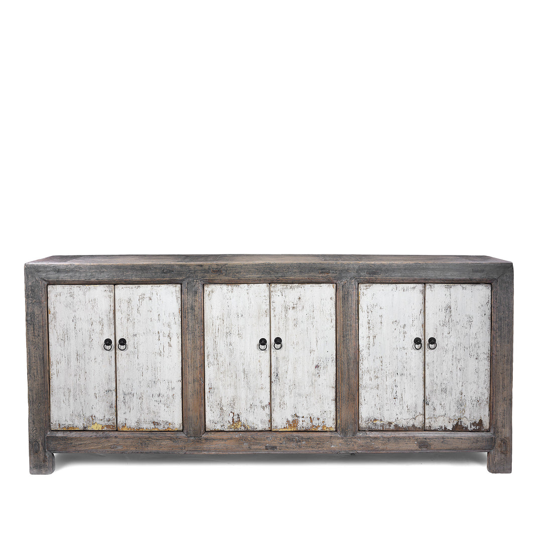 Long Rustic Mongolian Sideboard Made From Reclaimed Wood With Distressed Brown And White Painted Doors
