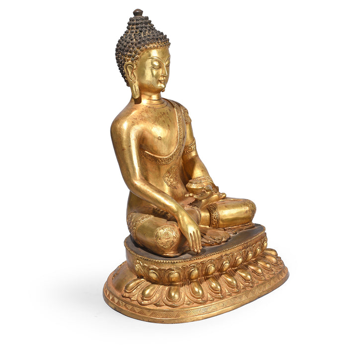 Angled View Of Gilt Brass Sitting Buddha - Bhumisparsha Mudra | Indigo Antiques