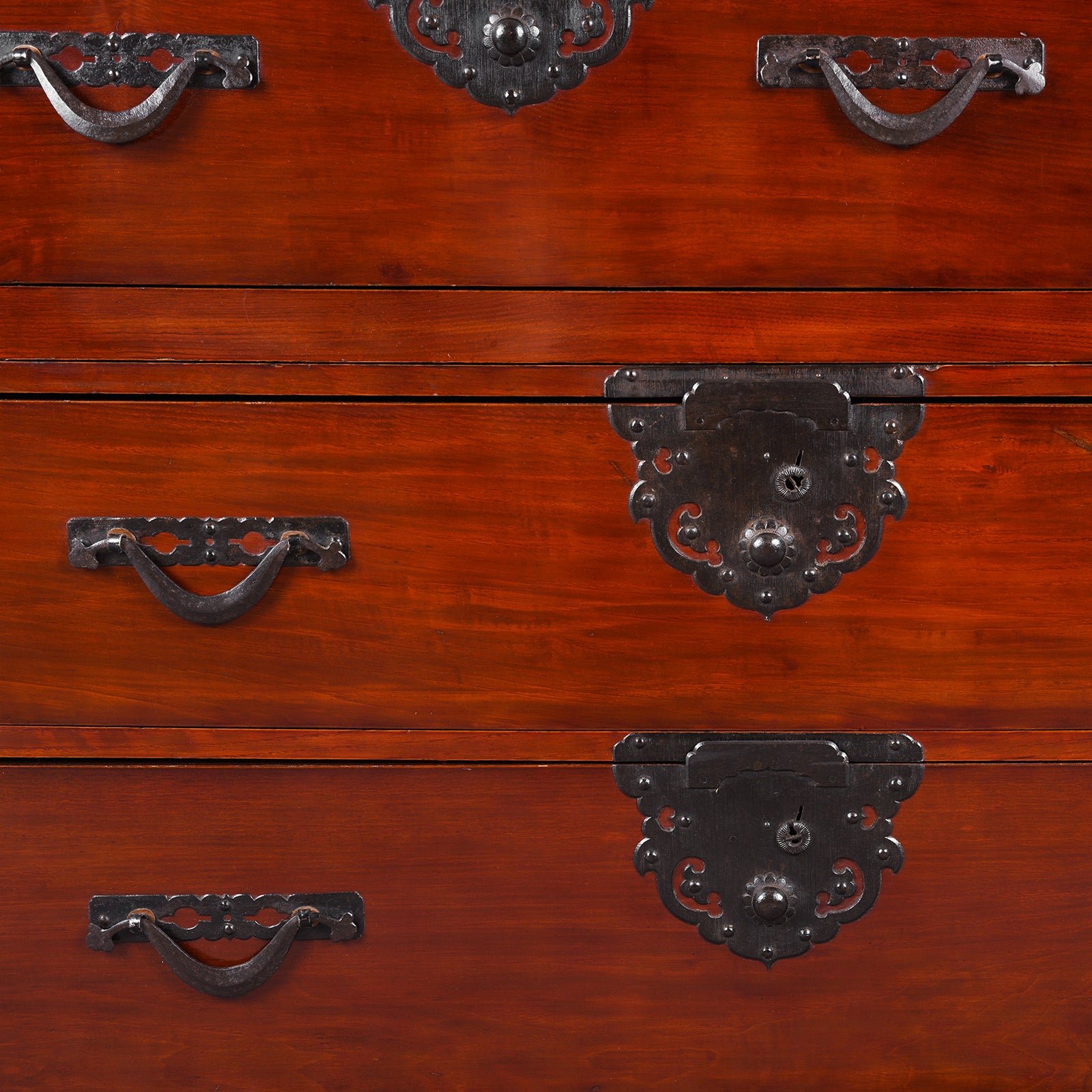 Iron Hardware Detail From Japanese Meiji Era Nihonmatsu Kasane Isho Tansu Stacking Chest With Iron Hardware