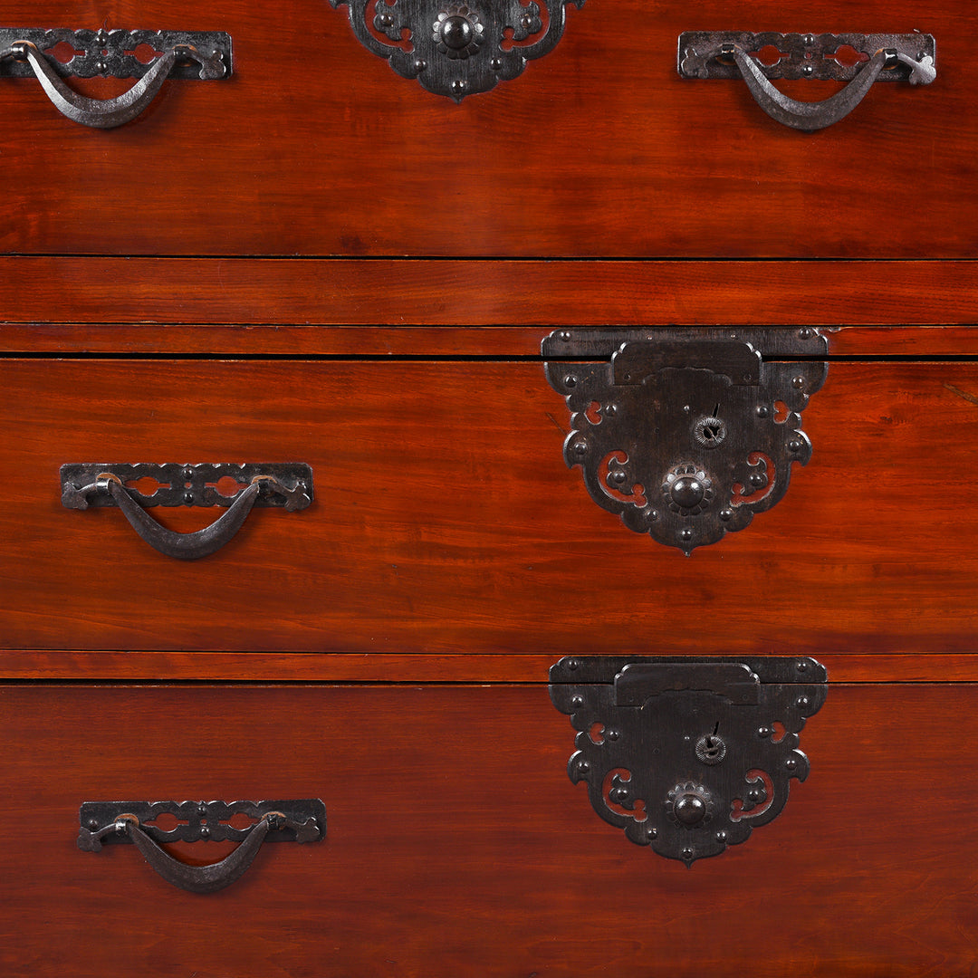 Iron Hardware Detail From Japanese Meiji Era Nihonmatsu Kasane Isho Tansu Stacking Chest With Iron Hardware