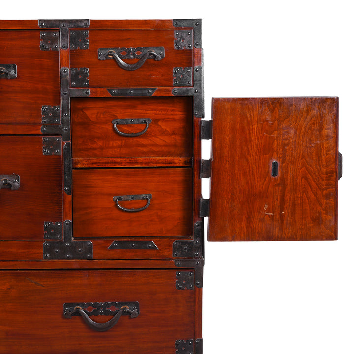 Small Drawer Detail From Japanese Meiji Era Nihonmatsu Kasane Isho Tansu Stacking Chest With Iron Hardware