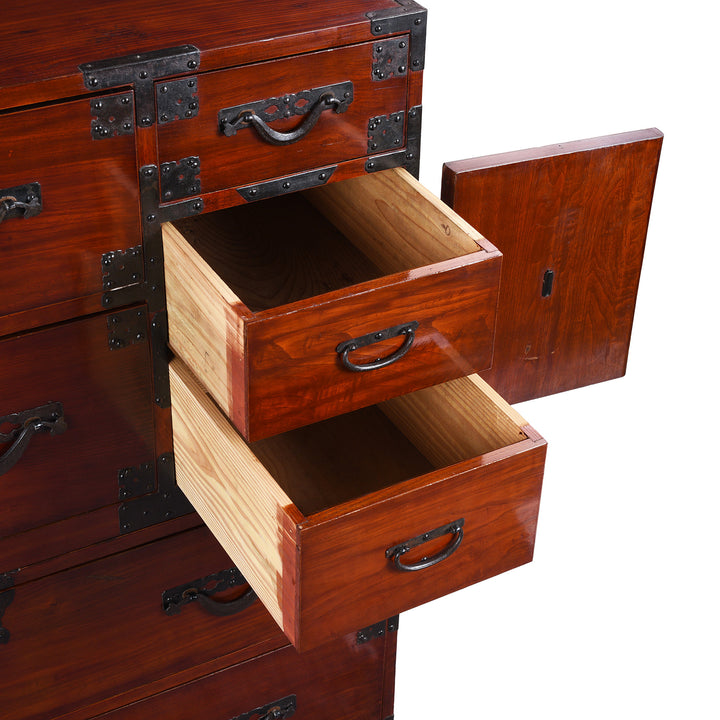 Open Drawers Detail From Japanese Meiji Era Nihonmatsu Kasane Isho Tansu Stacking Chest With Iron Hardware