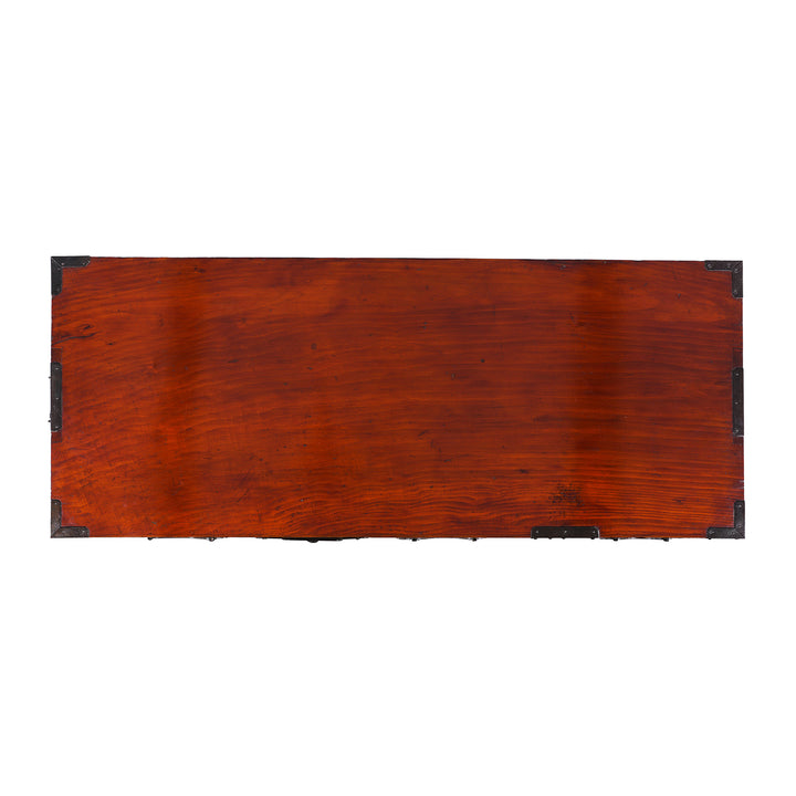 Top Down View Of Japanese Meiji Era Nihonmatsu Kasane Isho Tansu Stacking Chest With Iron Hardware