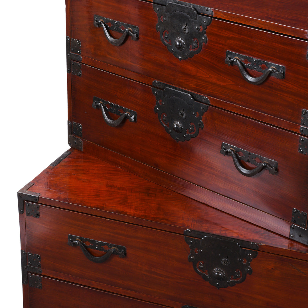 Detached View Of Japanese Meiji Era Nihonmatsu Kasane Isho Tansu Stacking Chest With Iron Hardware