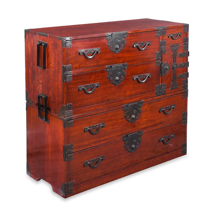 Angled View Of Japanese Meiji Era Nihonmatsu Kasane Isho Tansu Stacking Chest With Iron Hardware