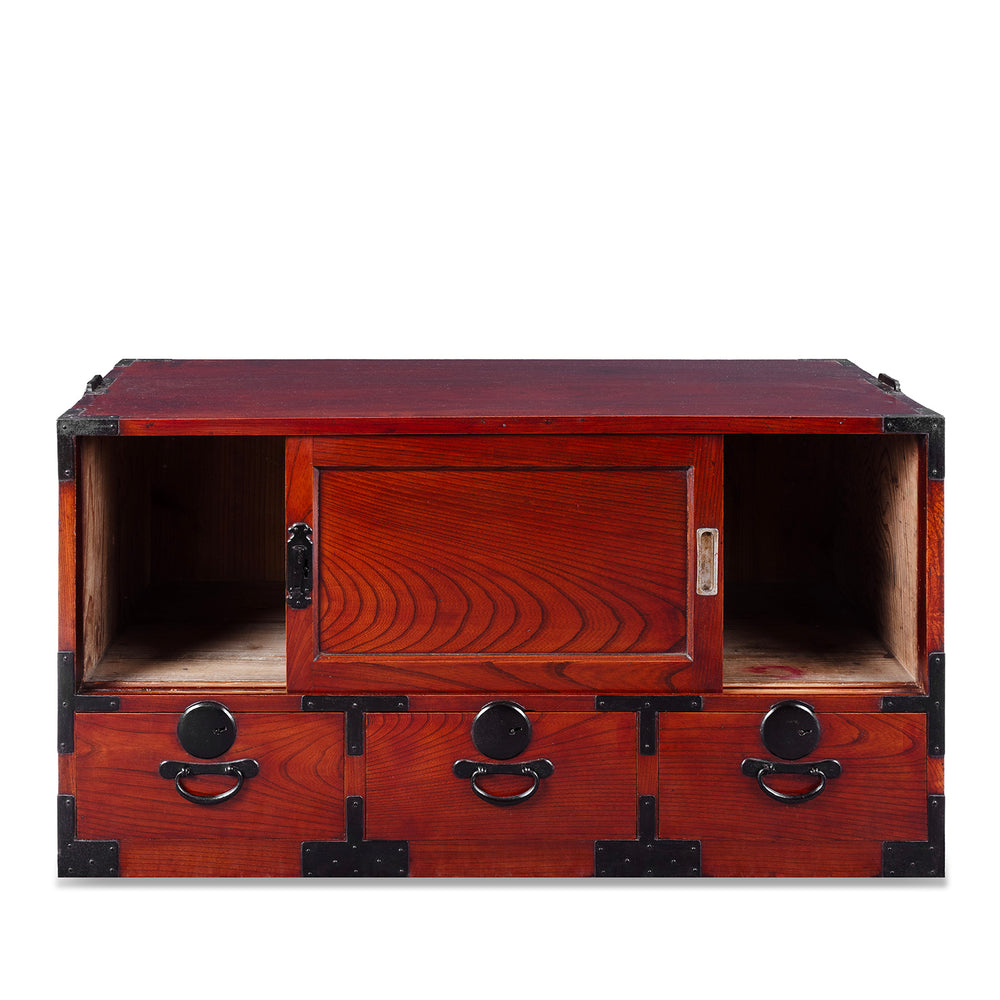 Open Doors Detail From Taisho Period Japanese Kasane Dansu Top Section In Keyaki Wood With Bookmatched Grain And Black Iron Fittings