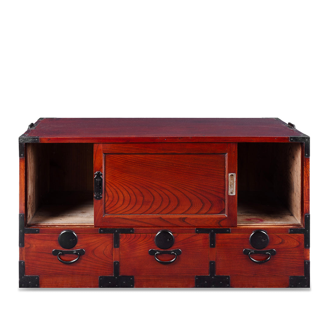 Open Doors Detail From Taisho Period Japanese Kasane Dansu Top Section In Keyaki Wood With Bookmatched Grain And Black Iron Fittings