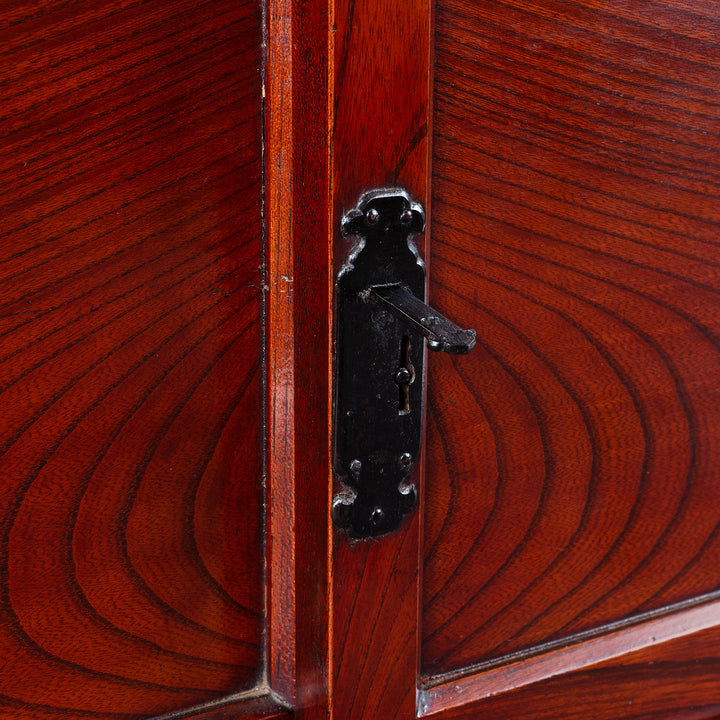 Latch Detail From Taisho Period Japanese Kasane Dansu Top Section In Keyaki Wood With Bookmatched Grain And Black Iron Fittings