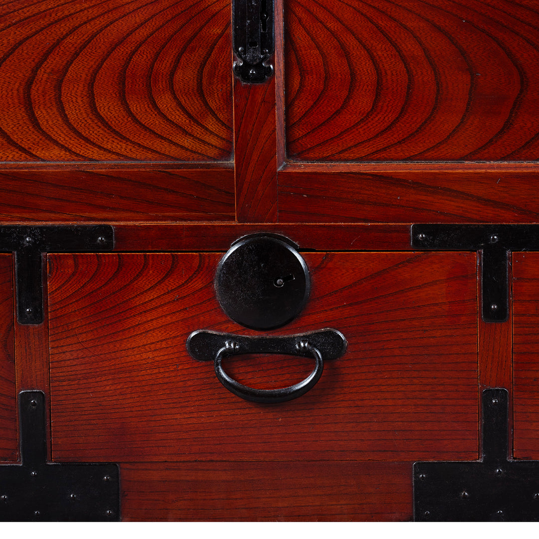 Grain And Ironwork Detail From Taisho Period Japanese Kasane Dansu Top Section In Keyaki Wood With Bookmatched Grain And Black Iron Fittings