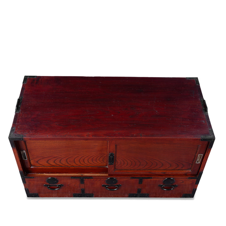 Top Down View Of Taisho Period Japanese Kasane Dansu Top Section In Keyaki Wood With Bookmatched Grain And Black Iron Fittings