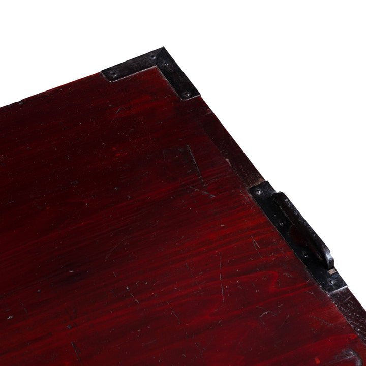 Surface Detail From Taisho Period Japanese Kasane Dansu Top Section In Keyaki Wood With Bookmatched Grain And Black Iron Fittings