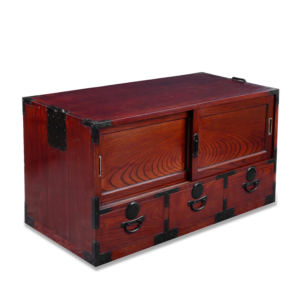 Angled View of Taisho Period Japanese Kasane Dansu Top Section In Keyaki Wood With Bookmatched Grain And Black Iron Fittings