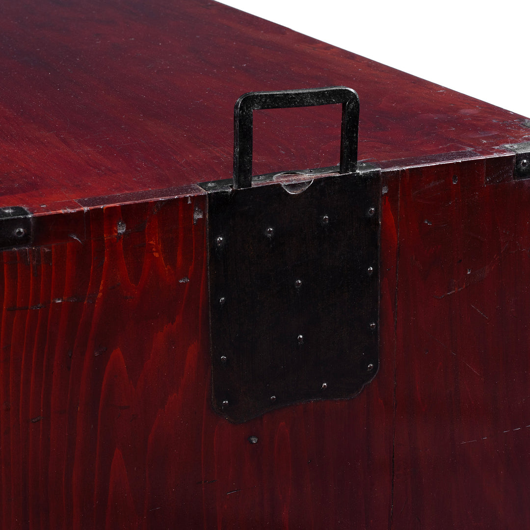 Carry Handles Detail From Taisho Period Japanese Kasane Dansu Top Section In Keyaki Wood With Bookmatched Grain And Black Iron Fittings