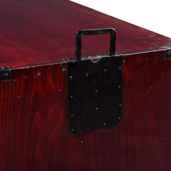 Carry Handles Detail From Taisho Period Japanese Kasane Dansu Top Section In Keyaki Wood With Bookmatched Grain And Black Iron Fittings