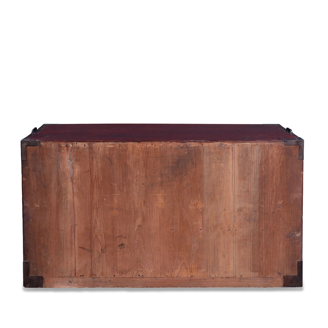 Back Of Taisho Period Japanese Kasane Dansu Top Section In Keyaki Wood With Bookmatched Grain And Black Iron Fittings