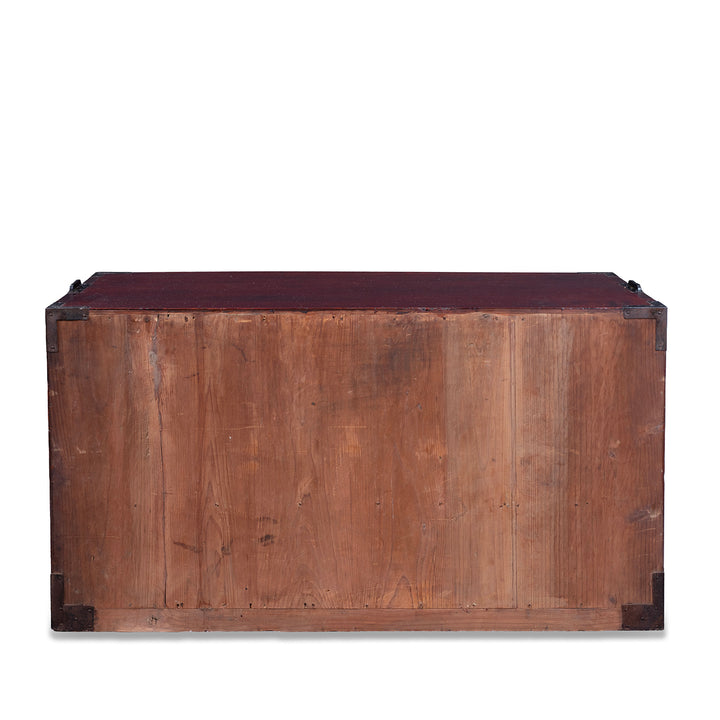 Back Of Taisho Period Japanese Kasane Dansu Top Section In Keyaki Wood With Bookmatched Grain And Black Iron Fittings