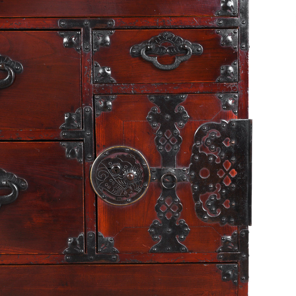 Cupboard And Lock Detail From Antique Japanese Isho Dansu Chest Of Drawers With Mokko Drawer Pulls And Ornate Iron Hardware