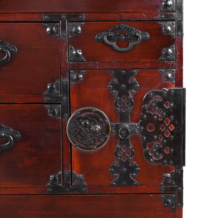 Cupboard And Lock Detail From Antique Japanese Isho Dansu Chest Of Drawers With Mokko Drawer Pulls And Ornate Iron Hardware