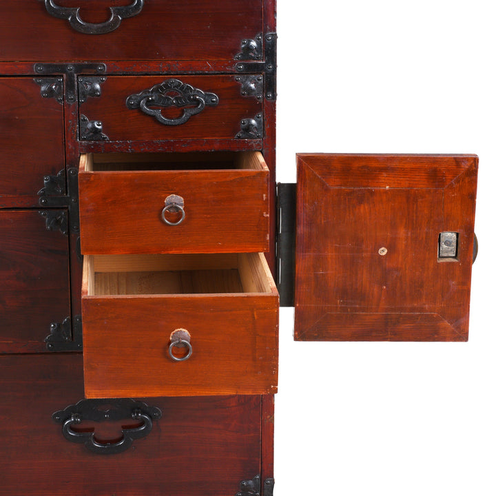 Open Drawer Detail From Antique Japanese Isho Dansu Chest Of Drawers With Mokko Drawer Pulls And Ornate Iron Hardware