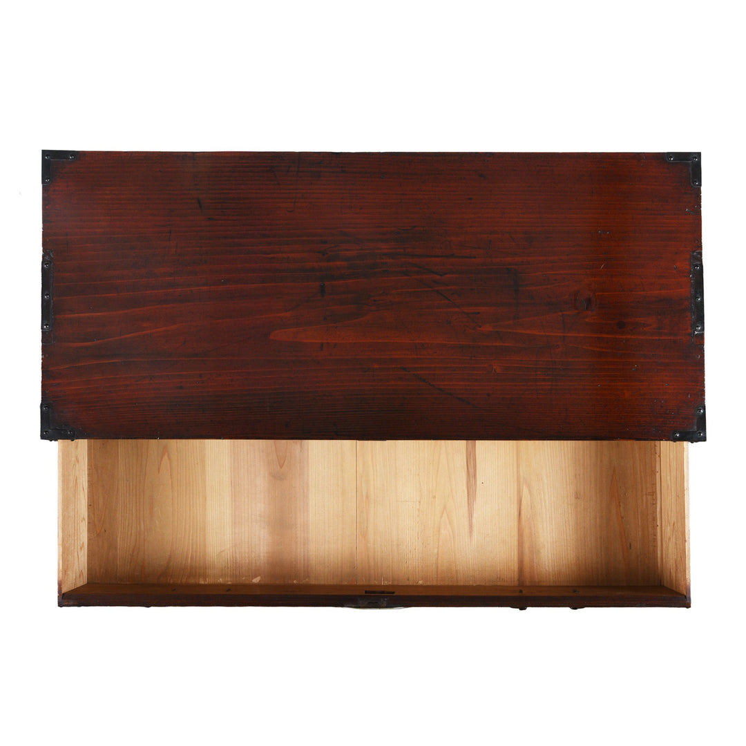 Top Down View Of Antique Japanese Isho Dansu Chest Of Drawers With Mokko Drawer Pulls And Ornate Iron Hardware