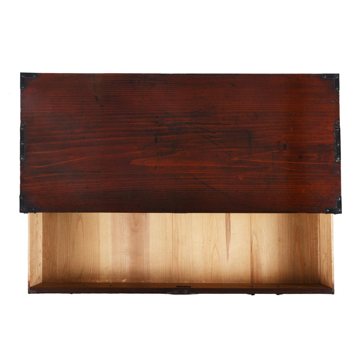 Top Down View Of Antique Japanese Isho Dansu Chest Of Drawers With Mokko Drawer Pulls And Ornate Iron Hardware