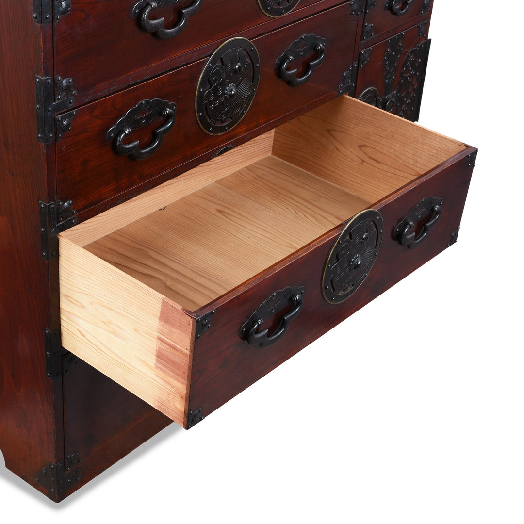 Interior Of Drawer From Antique Japanese Isho Dansu Chest Of Drawers With Mokko Drawer Pulls And Ornate Iron Hardware