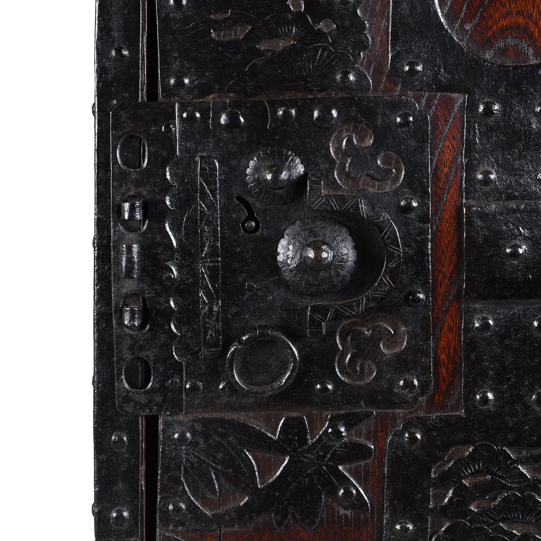 Locking Plate Detail From Rare Japanese Edo Period Funa Dansu Red Elm Chest With Iron Mounts And Secret Compartment