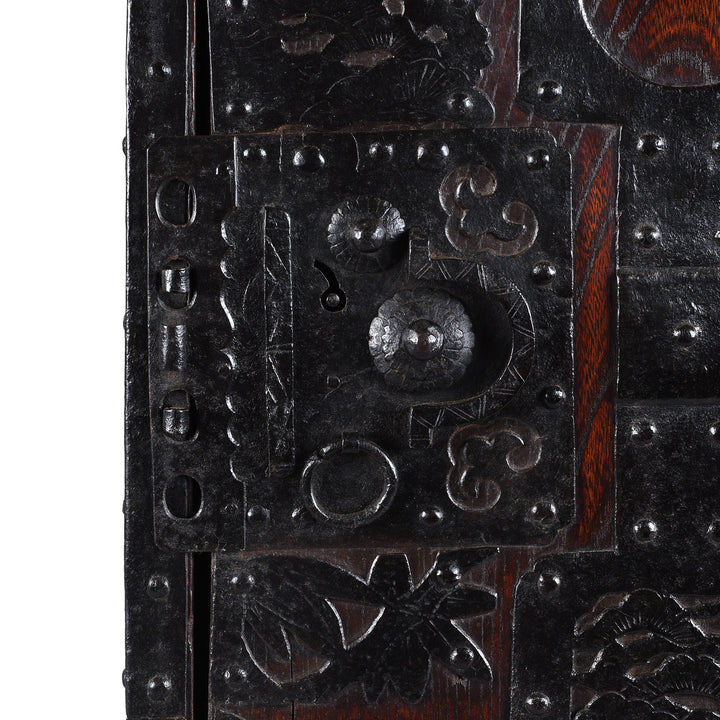 Locking Plate Detail From Rare Japanese Edo Period Funa Dansu Red Elm Chest With Iron Mounts And Secret Compartment