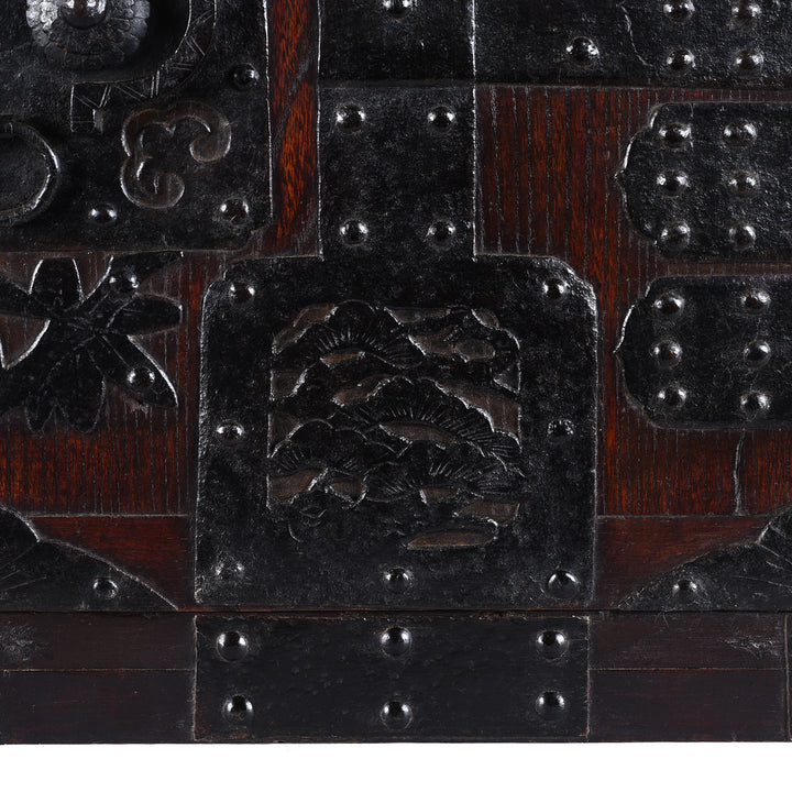 Ironwork Design Detail From Rare Japanese Edo Period Funa Dansu Red Elm Chest With Iron Mounts And Secret Compartment