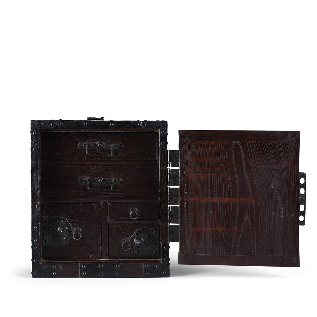 Open Door View Of Rare Japanese Edo Period Funa Dansu Red Elm Chest With Iron Mounts And Secret Compartment