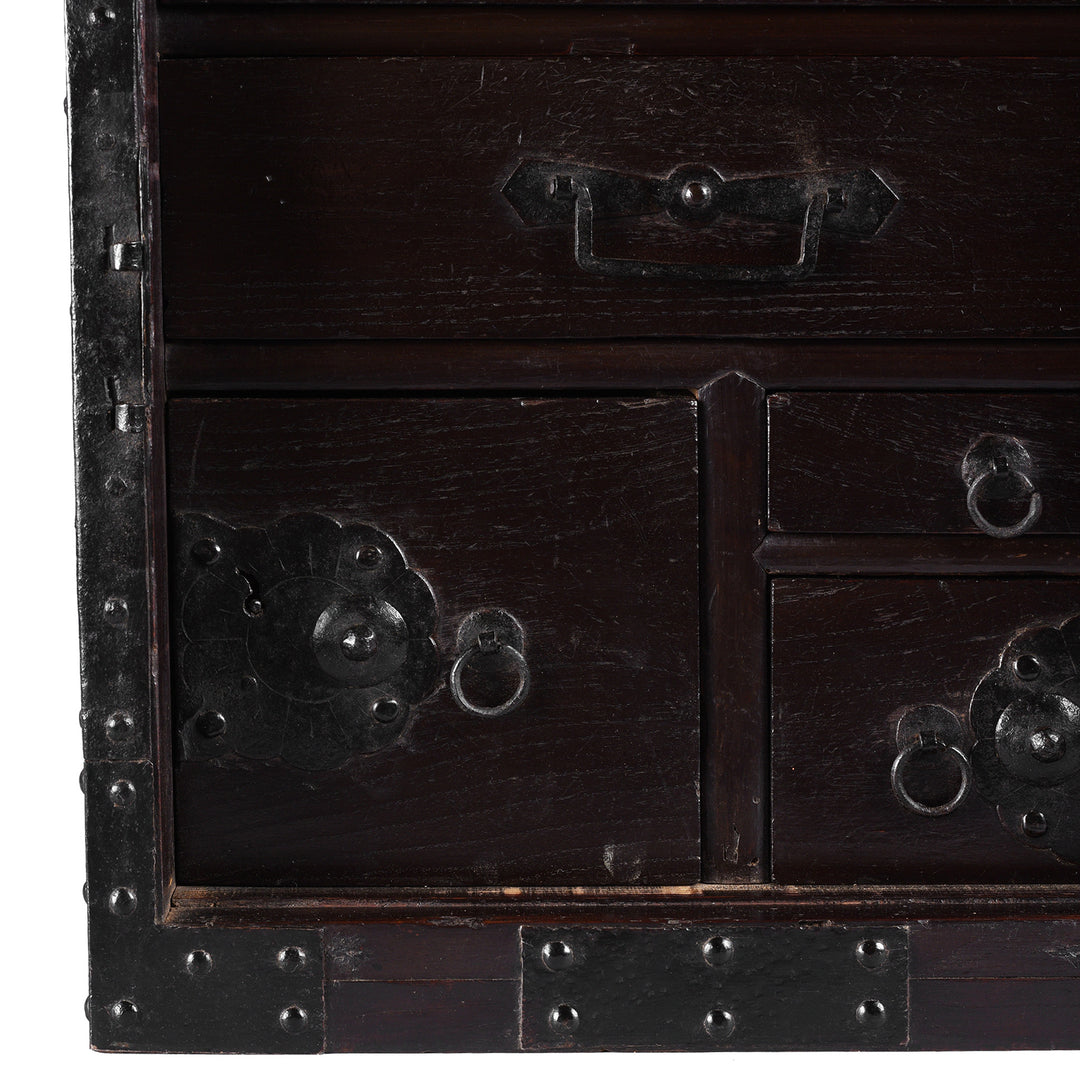 Drawer Detail From Rare Japanese Edo Period Funa Dansu Red Elm Chest With Iron Mounts And Secret Compartment