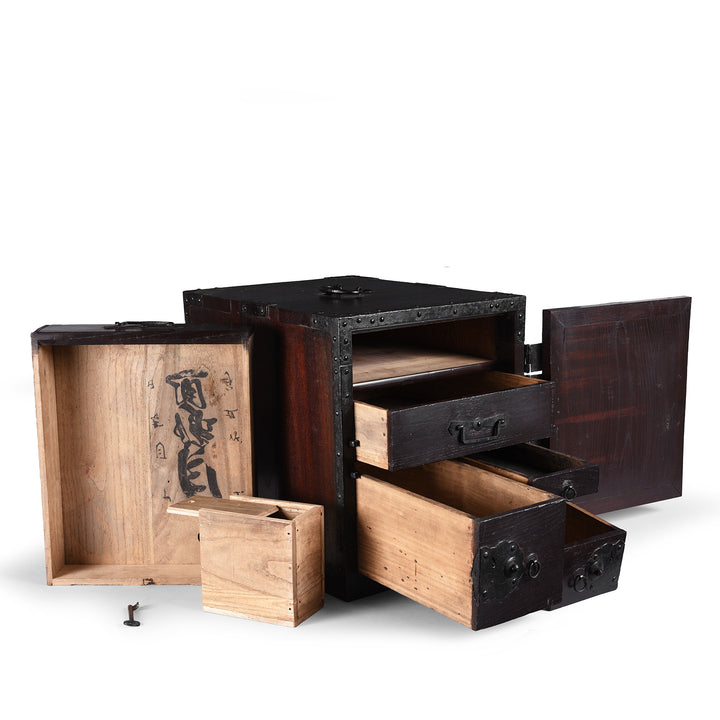 Open View Of Rare Japanese Edo Period Funa Dansu Red Elm Chest With Iron Mounts And Secret Compartment