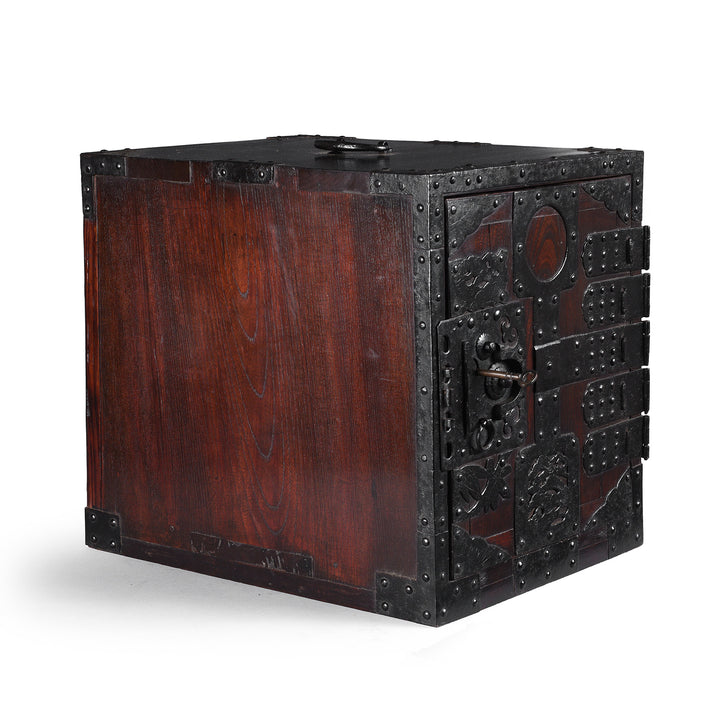 Angled View Of Rare Japanese Edo Period Funa Dansu Red Elm Chest With Iron Mounts And Secret Compartment