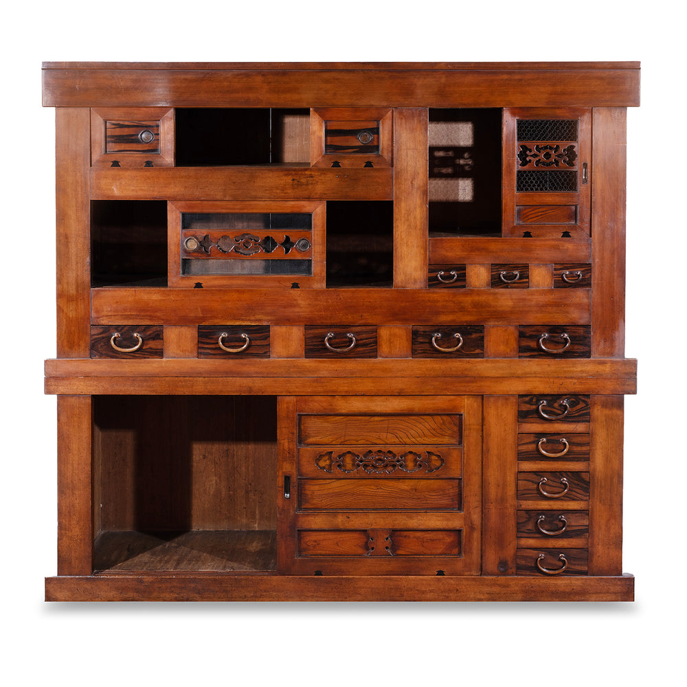 Open Doors VIew Of Japanese Meiji Period Mizuya Dansu Kitchen Chest With Sliding Doors And Multiple Drawers In Mixed Native Woods