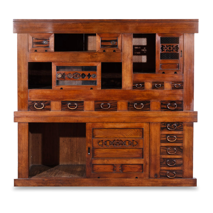 Open Doors VIew Of Japanese Meiji Period Mizuya Dansu Kitchen Chest With Sliding Doors And Multiple Drawers In Mixed Native Woods