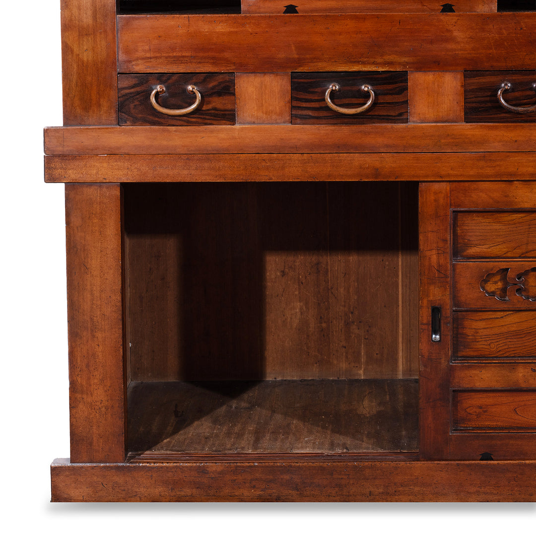 Lower COmpartment Detail From Japanese Meiji Period Mizuya Dansu Kitchen Chest With Sliding Doors And Multiple Drawers In Mixed Native Woods