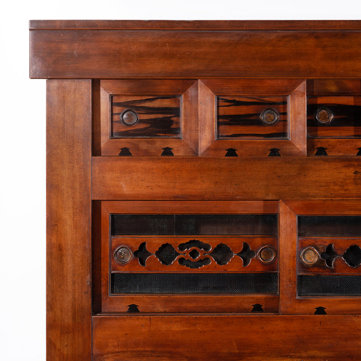 Corner Detail From Japanese Meiji Period Mizuya Dansu Kitchen Chest With Sliding Doors And Multiple Drawers In Mixed Native Woods