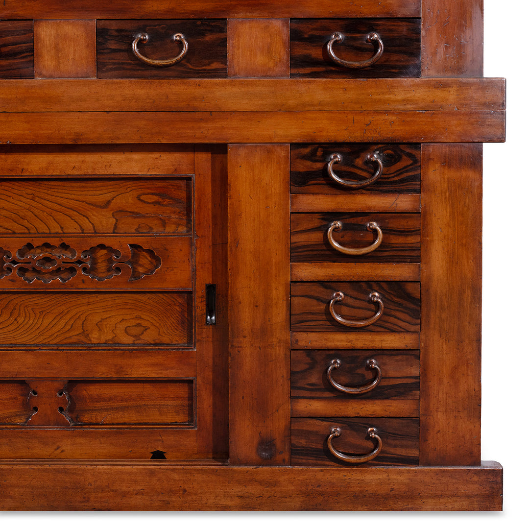 Lower Bottom Corner Detail SHowing Set Of Drawers From Japanese Meiji Period Mizuya Dansu Kitchen Chest With Sliding Doors And Multiple Drawers In Mixed Native Woods