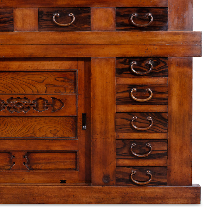Lower Bottom Corner Detail SHowing Set Of Drawers From Japanese Meiji Period Mizuya Dansu Kitchen Chest With Sliding Doors And Multiple Drawers In Mixed Native Woods